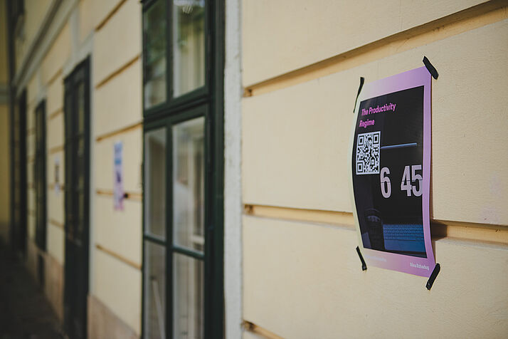 Film posters on the walls of the courtyard